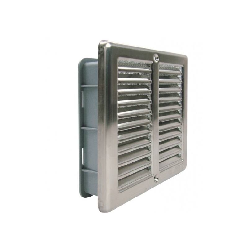 Větrací mřížka nerezová, 150 × 150 mm, s rámečkem a síťovinou, HACO 0701