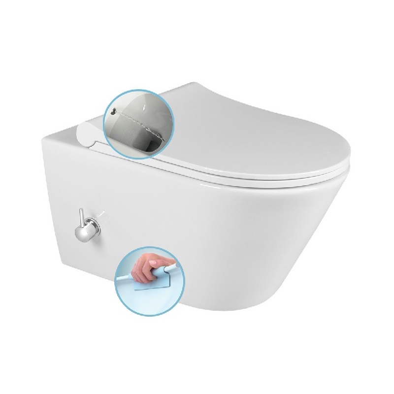 Klozet závěsný AWA Rimless, 35,5 × 53 cm, bílá, integrovaná baterie a bidetová sprška, Sapho 100315