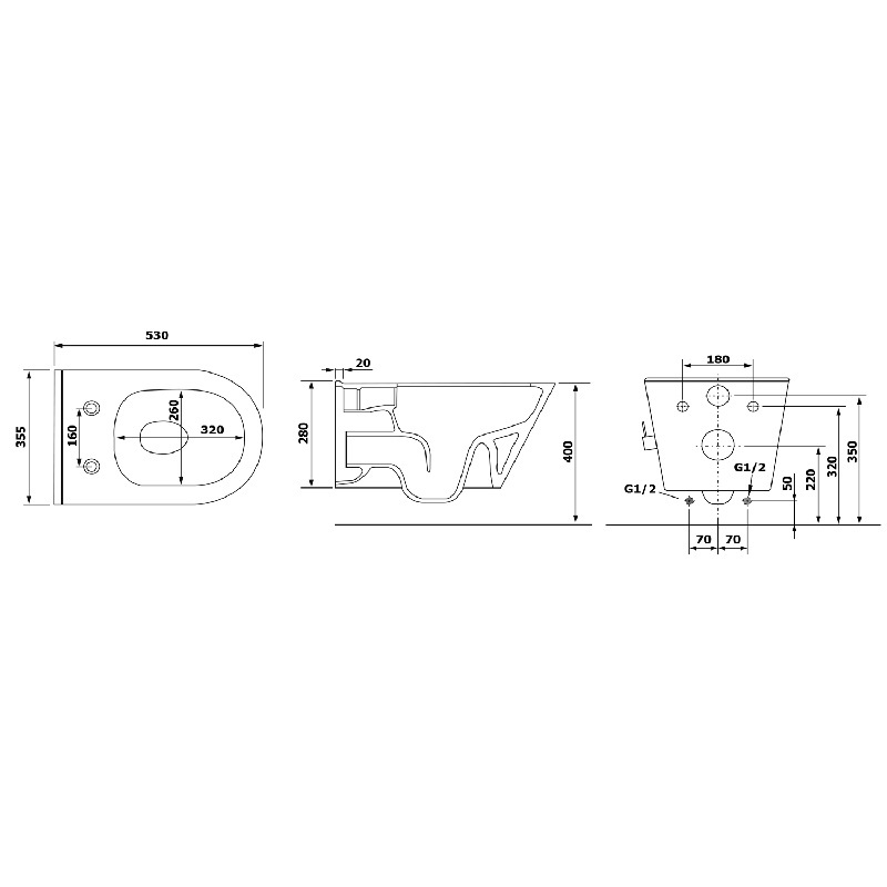 Klozet závěsný AWA Rimless, 35,5 × 53 cm, bílá, integrovaná baterie a bidetová sprška, Sapho 100315