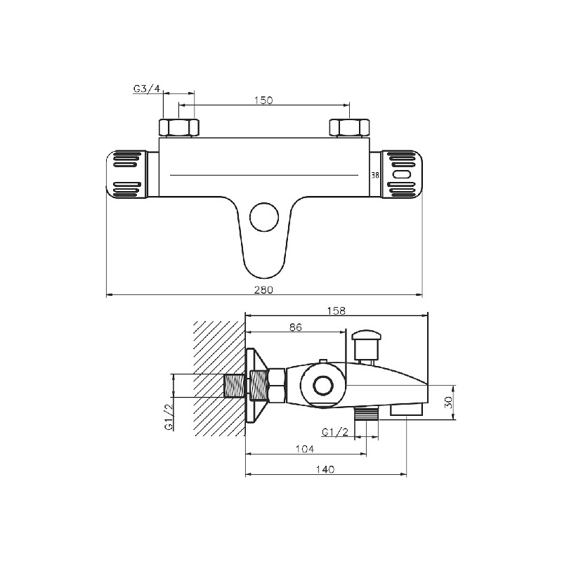 Vanová baterie Aquamat 150 mm, chrom, nástěnná, termostatická, bez příslušenství, Novaservis 2620/1,0