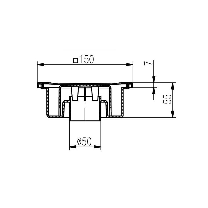 Podlahová vpusť 150 x 150 mm, mřížka nerez, spodní odtok d 50 mm, Chuděj 320 N