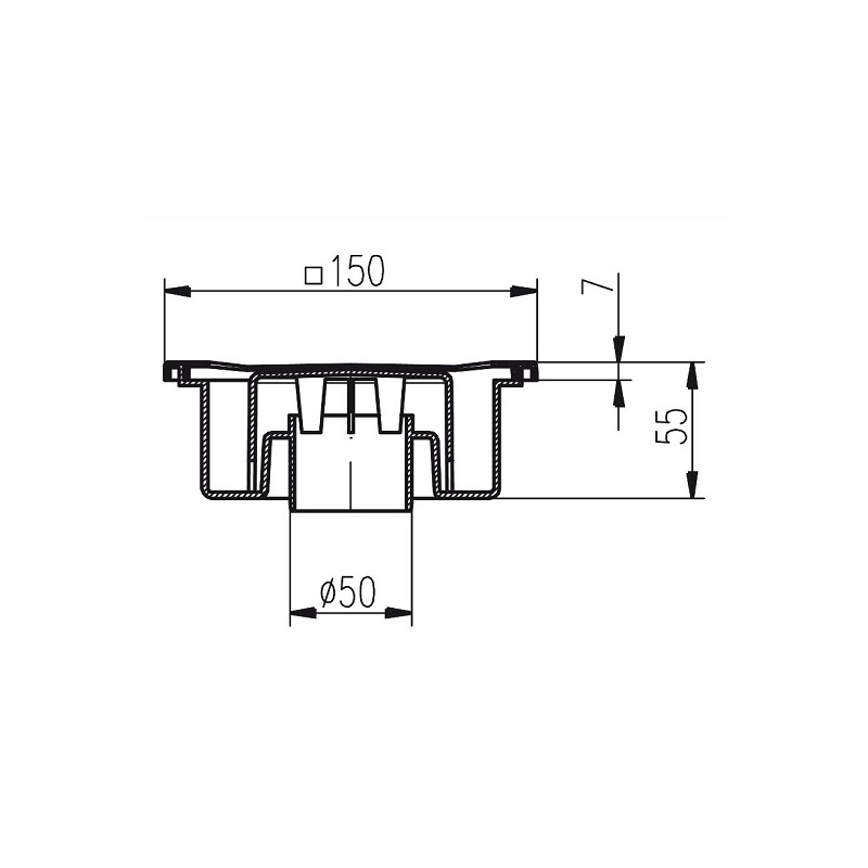 Podlahová vpusť 150 x 150 mm, mřížka bílá, spodní odtok d 50 mm, Chuděj 320 P