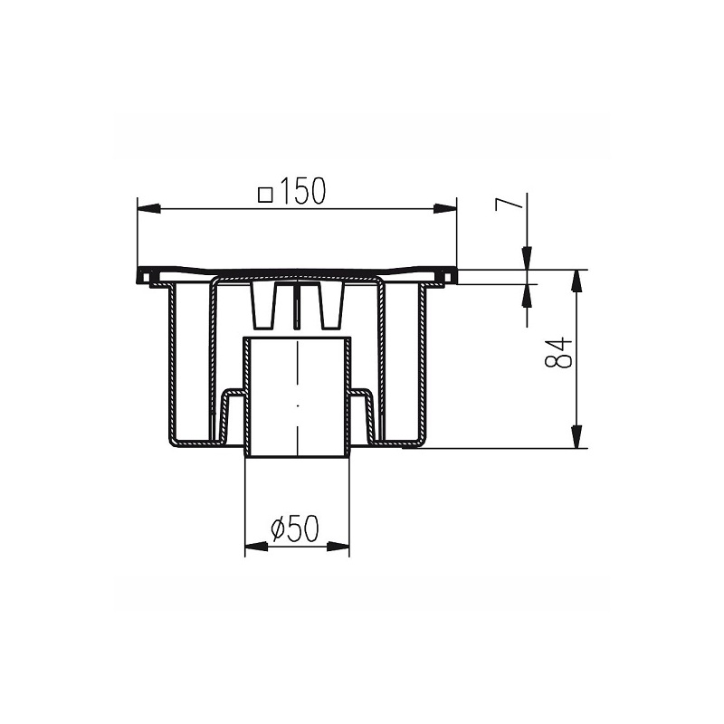Podlahová vpusť 150 x 150 mm, mřížka nerez, spodní odtok d 50 mm, Chuděj 321 N