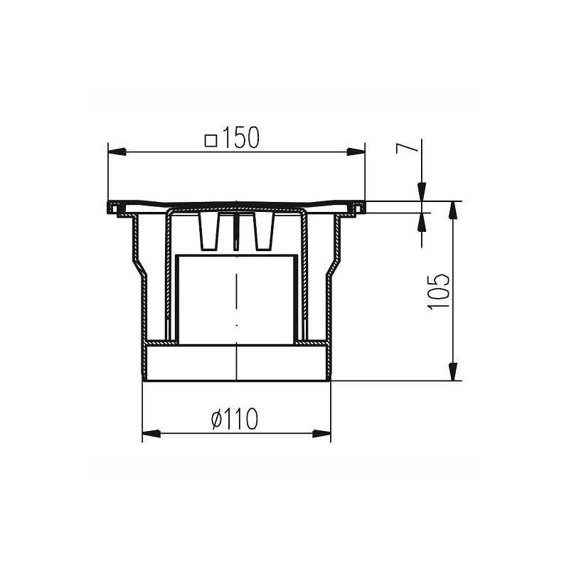 Podlahová vpusť 150 x 150 mm, mřížka černá, spodní odtok d 110 mm, Chuděj 323 P, DNS 110 P