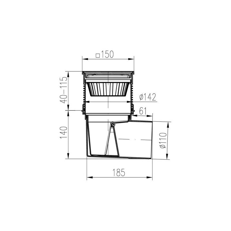 Kanalizační vpusť s bočním odtokem 110 mm, suchá klapka, mřížka nerez 150x150 mm, Chuděj 324 S N, KVB 110 S N