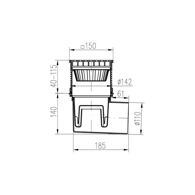 Kanalizační vpusť s bočním odtokem 110 mm, vodní klapka, mřížka plastová černá 150x150 mm, Chuděj 324 V, KVB 110 V