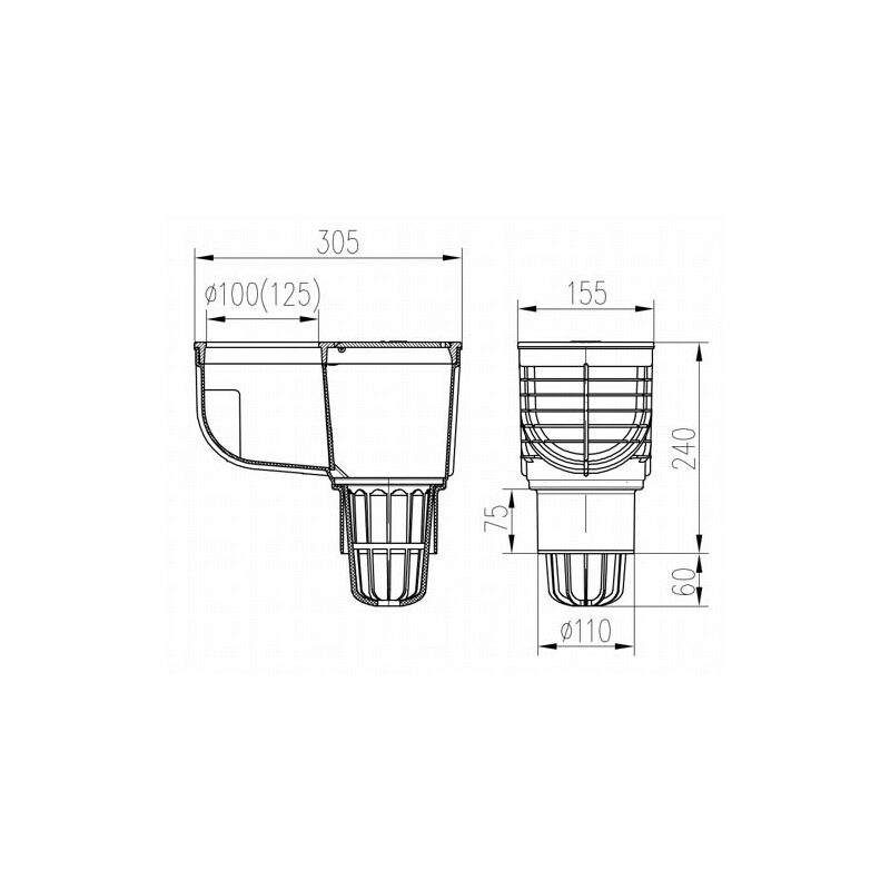 Lapač střešních splavenin DN 100, spodní odtok, litinové víko, Chuděj 325 A Li/100, KV 110 Li/100