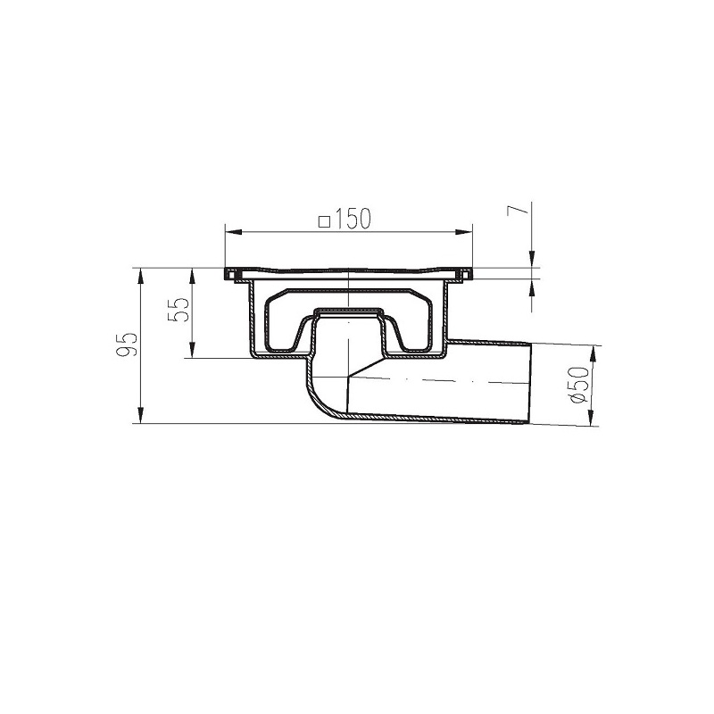 Podlahová vpusť 150 x 150 mm, mřížka nerez, boční odtok d 50 mm, Chuděj 326 X N