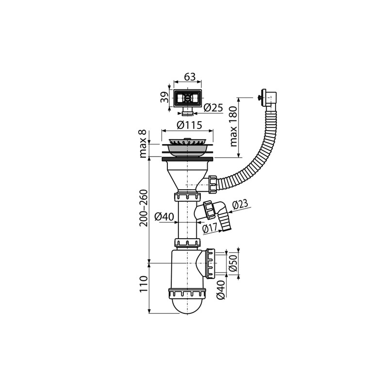 Dřezový sifon A447P s výpustí 115 mm, odpad 40/50 mm, s přípojkou, s přepadem, Alcadrain A447P-DN50/40