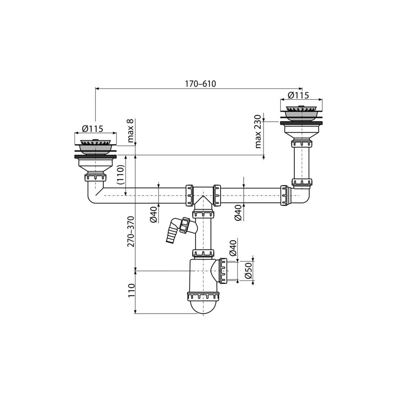 Dřezový sifon A454P s výpustí 115 mm, odpad 40/50 mm, s přípojkou, Alcadrain A454P