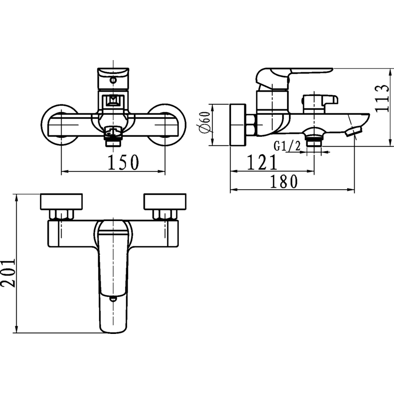 Vanová baterie Nobless Tina 150 mm, chrom, nástěnná, bez příslušenství, Novaservis 38020/1,0