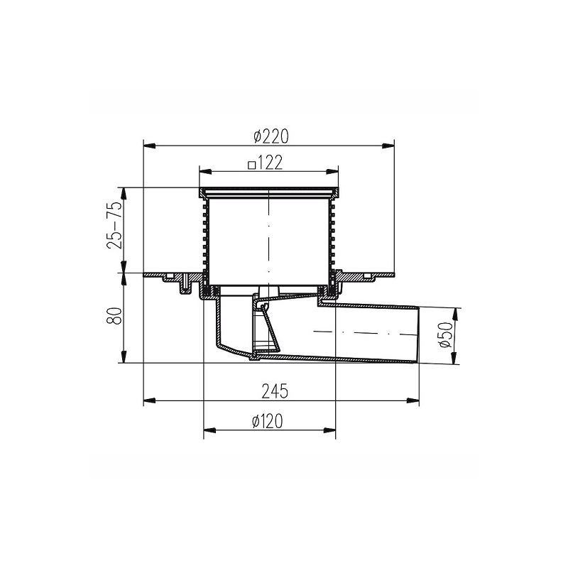 Podlahová vpusť 125 x 125 mm, mřížka nerez, boční odtok d 50 mm, Chuděj 381 A, PVBU 50