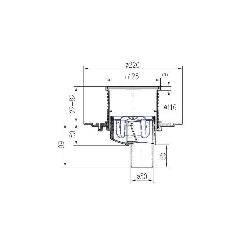 Podlahová vpusť 125 x 125 mm, mřížka nerez, spodní odtok d 50 mm, Chuděj 384 A, PVSU 50