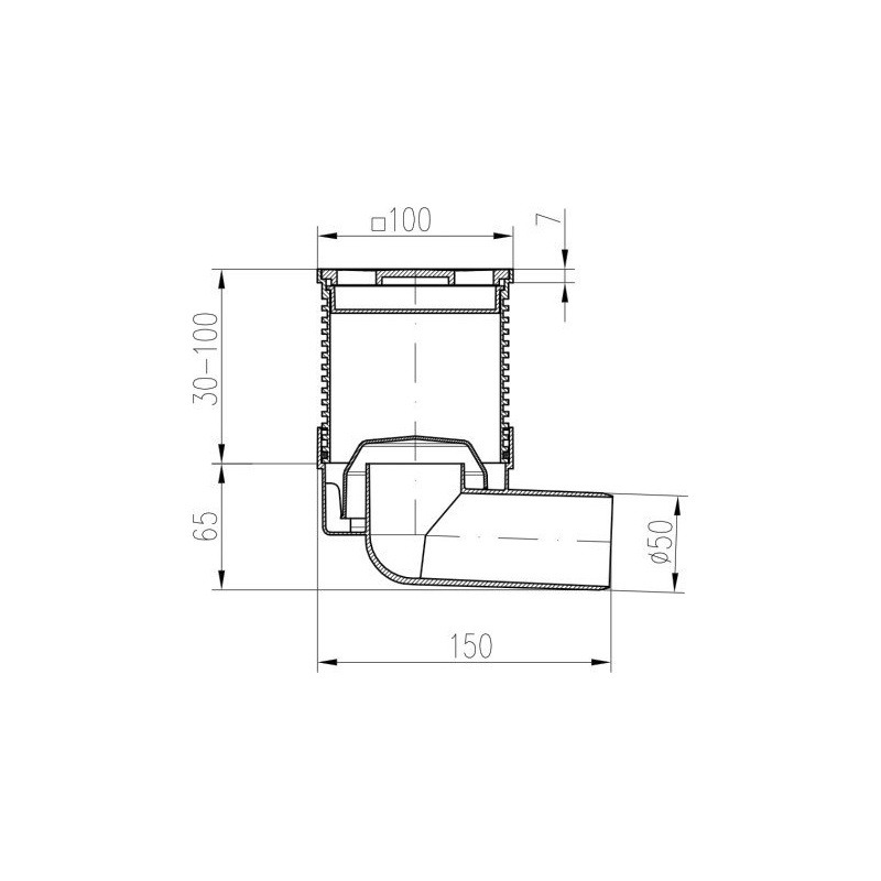 Podlahová vpusť 100 x 100 mm, mřížka nerez, boční odtok d 50 mm, Chuděj 413, PVB 50