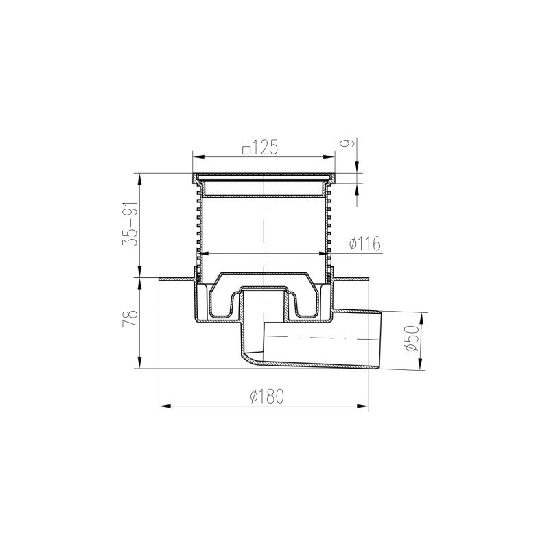 Podlahová vpusť 125 x 125 mm, mřížka nerez, spodní odtok d 50 mm, Chuděj L1 425 X L, L1PVB 50 X L