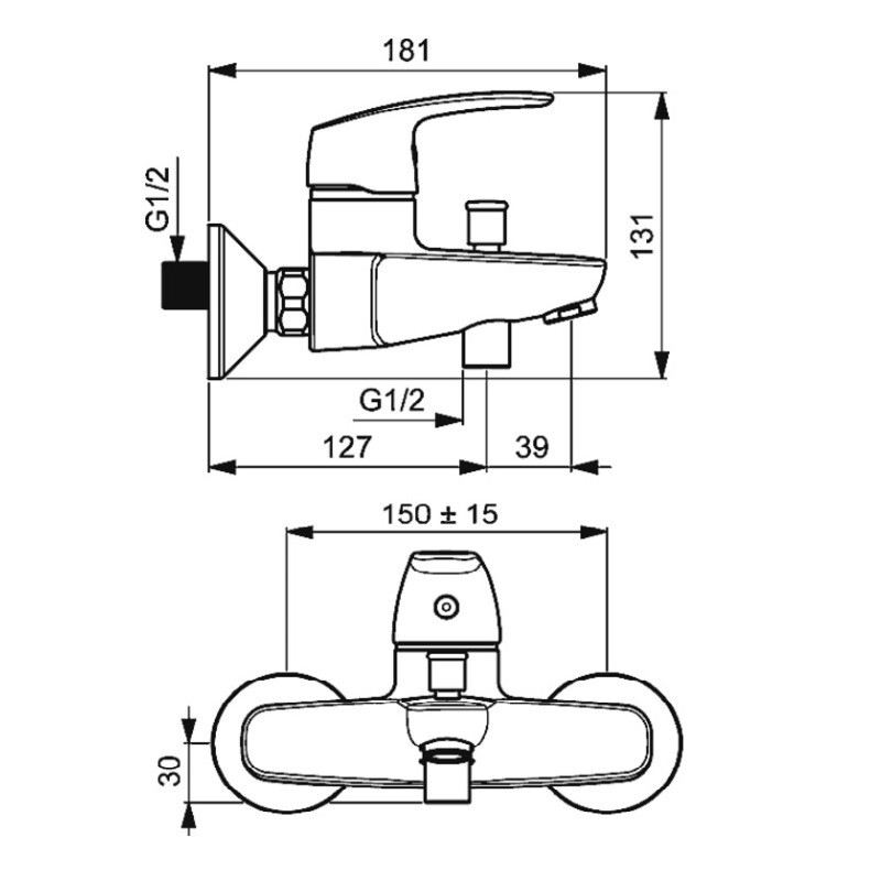 Vanová baterie HANSAPINTO 150 mm, chrom, nástěnná, bez příslušenství, Hansa 45112183