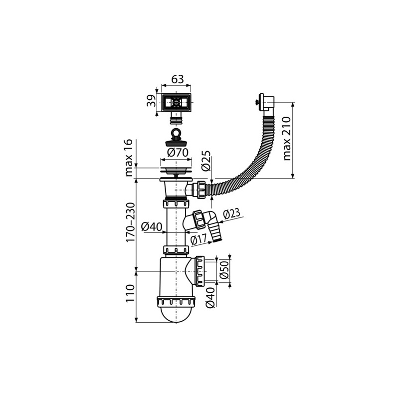 Dřezový sifon A444P s výpustí 70 mm, odpad 40/50 mm, s přípojkou, s přepadem, Alcadrain A444P-DN50/40