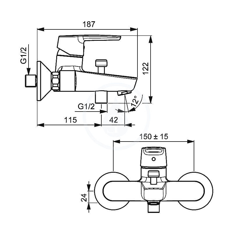 Vanová baterie HANSAPOLO 150 mm, chrom, nástěnná, bez příslušenství, Hansa 51442193