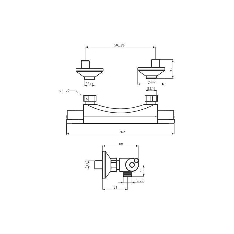 Vanová baterie Aqualight 150 mm, chrom, nástěnná, termostatická, bez příslušenství, Novaservis 2520/1,0