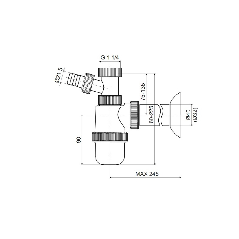 Umyvadlový sifon P-958/I bez výpusti G 5/4, odpad 40/32 mm, s přípojkou, Slovarm 620786