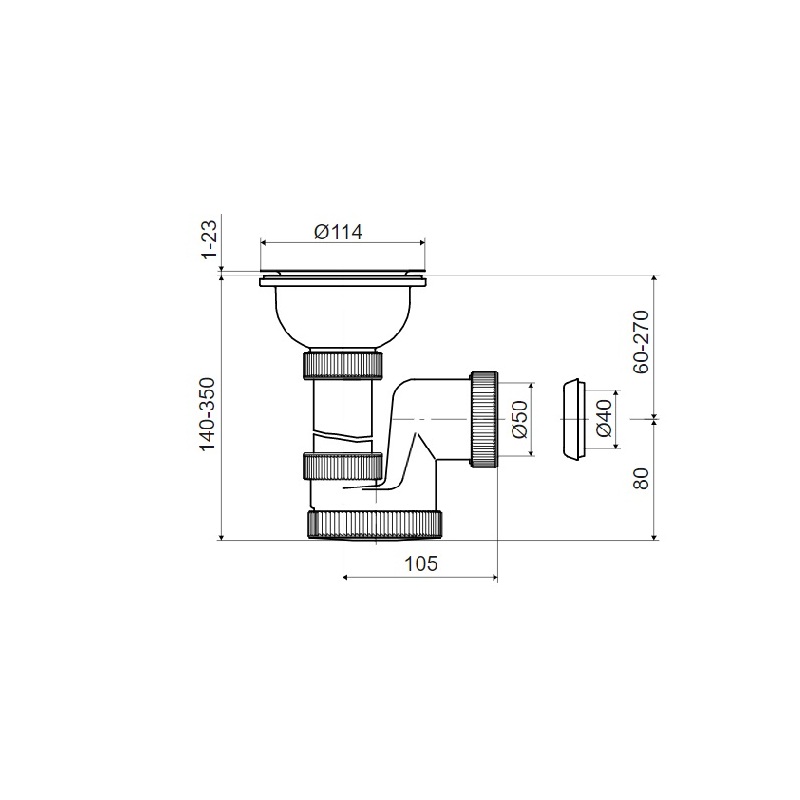 Dřezový sifon T-739 s výpustí 114 mm, odpad 40/50 mm, Slovarm 621021