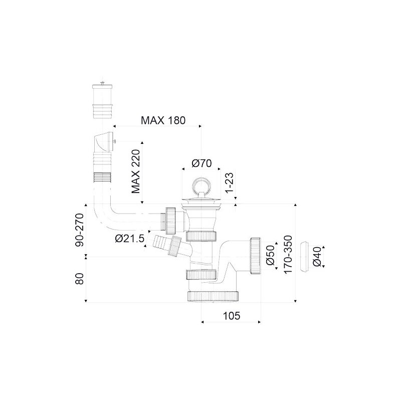 Dřezový sifon T-735PBZ s výpustí 70 mm, odpad 40/50 mm, s přípojkou, s přepadem, Slovarm 621114