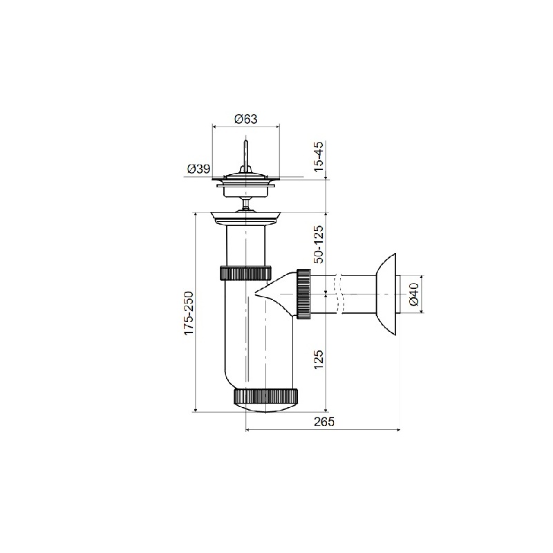 Umyvadlový sifon T-1015C s výpustí 63 mm, odpad 40 mm, Slovarm 621358