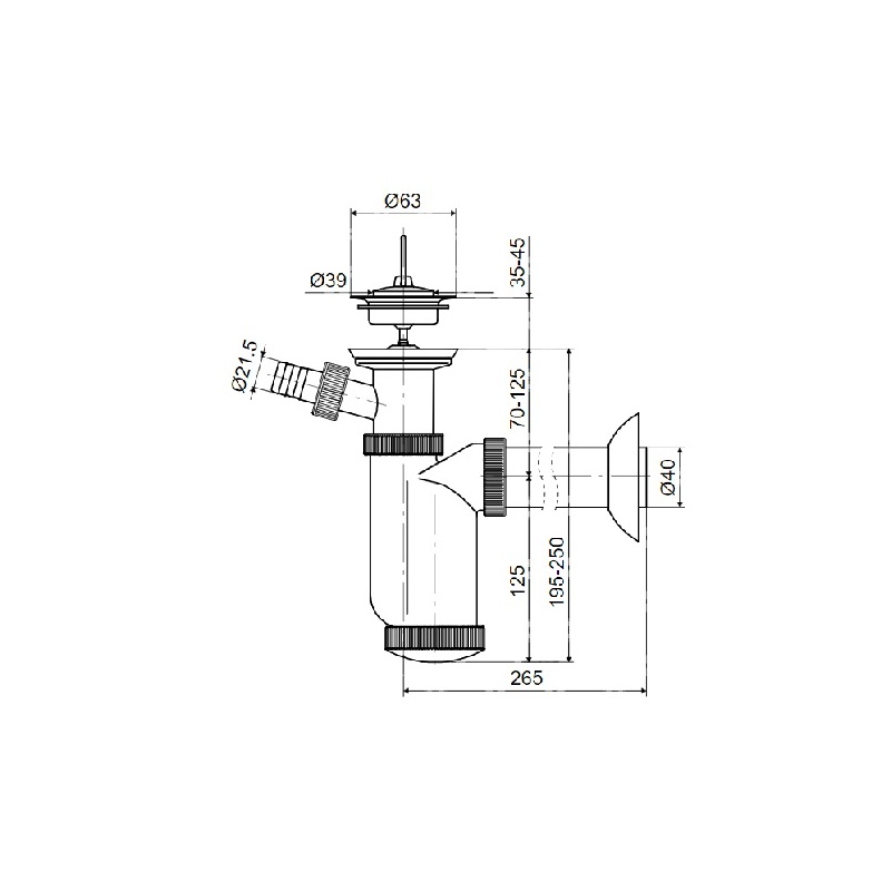 Umyvadlový sifon T-1016C s výpustí 63 mm, odpad 40 mm, s přípojkou, Slovarm 621360