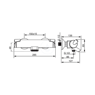 Vanová baterie Fit 150 mm, chrom, nástěnná, termostatická, bez příslušenství, Hansa 65132101