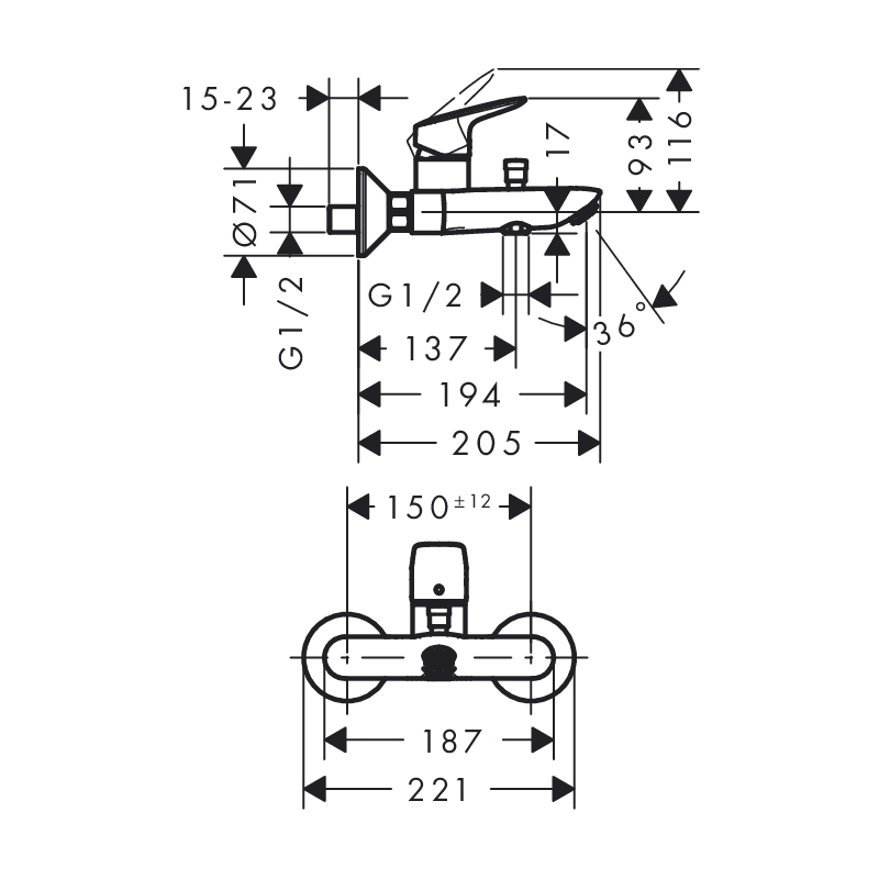 Vanová baterie Logis 150 mm, chrom, nástěnná, bez příslušenství, Hansgrohe 71400000