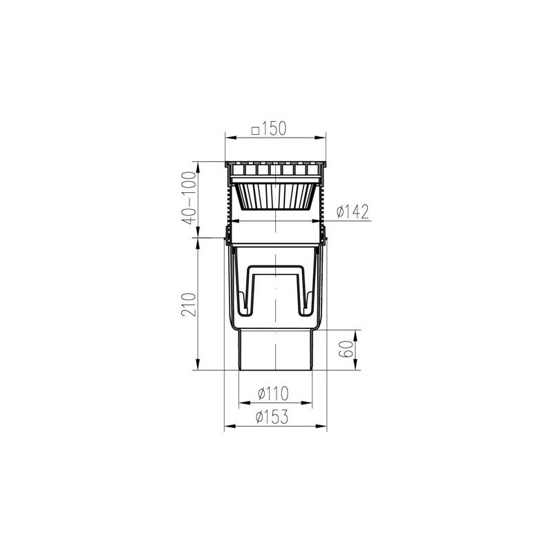 Kanalizační vpusť se spodní odtokem 110 mm, suchá klapka, mřížka nerezová 150x150 mm, Chuděj 727 S N, KVS 110 S N