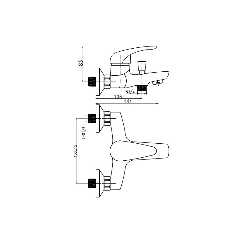 Vanová baterie Titania Hit 150 mm, chrom, nástěnná, bez příslušenství, Novaservis 95520/1,0