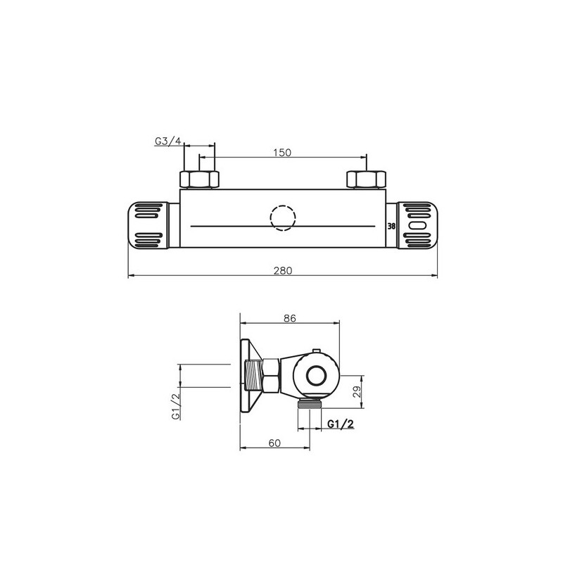 Sprchová baterie Aqualight 150 mm, chrom, nástěnná, termostatická, bez příslušenství, Novaservis 2660/1,0