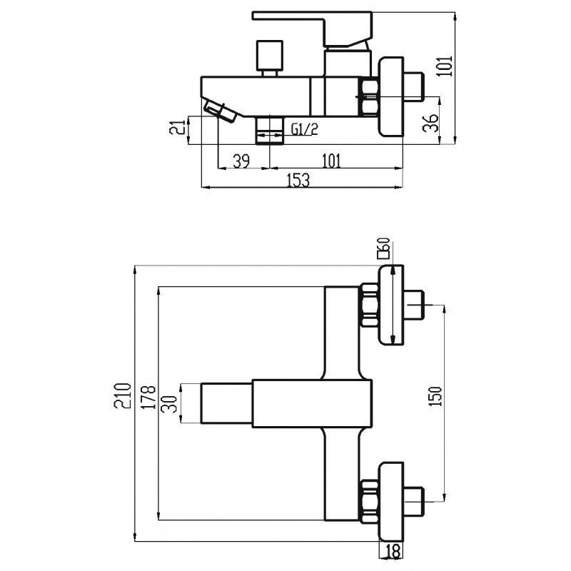 Vanová baterie Titania Cube 150 mm, chrom, nástěnná, bez příslušenství, Novaservis 98820/1,0
