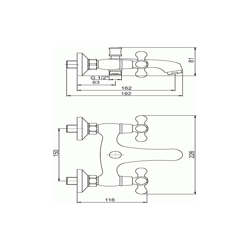 Vanová baterie Titania Retro II 150 mm, chrom, nástěnná, bez příslušenství, Novaservis 99120/1,0