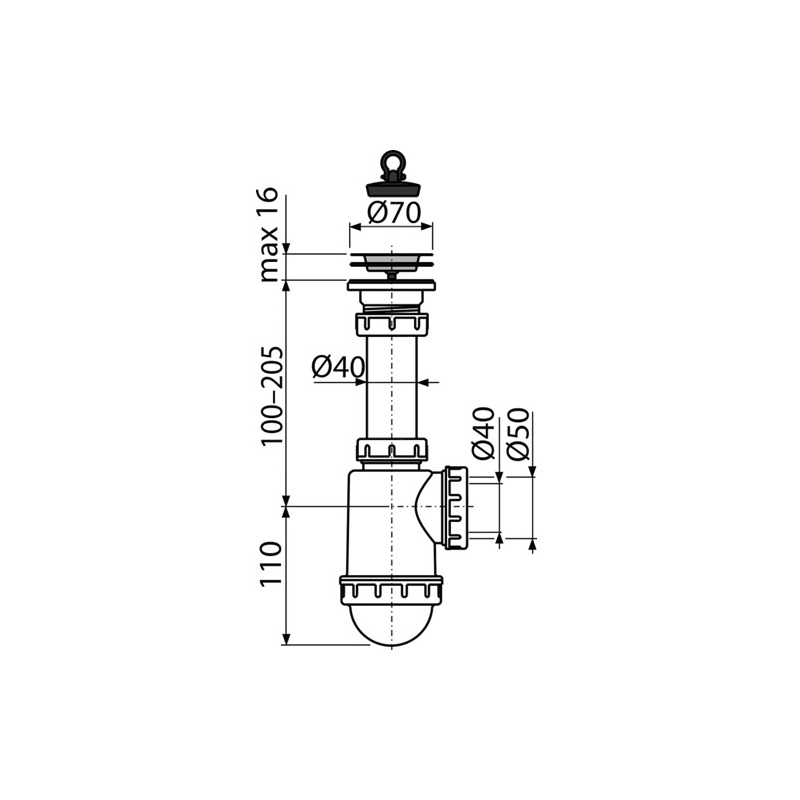 Dřezový sifon A441 s výpustí 70 mm, odpad 40/50 mm, Alcadrain A441-DN50/40