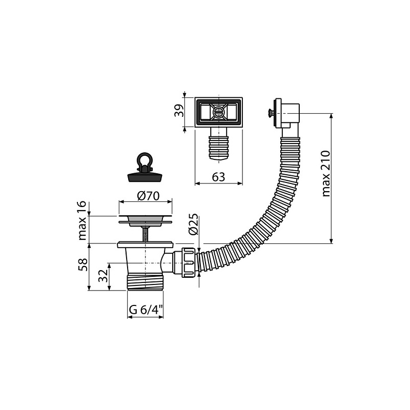 Dřezová výpusť 6/4, nerez mřížka, s flexi přepadem, Alcadrain A331