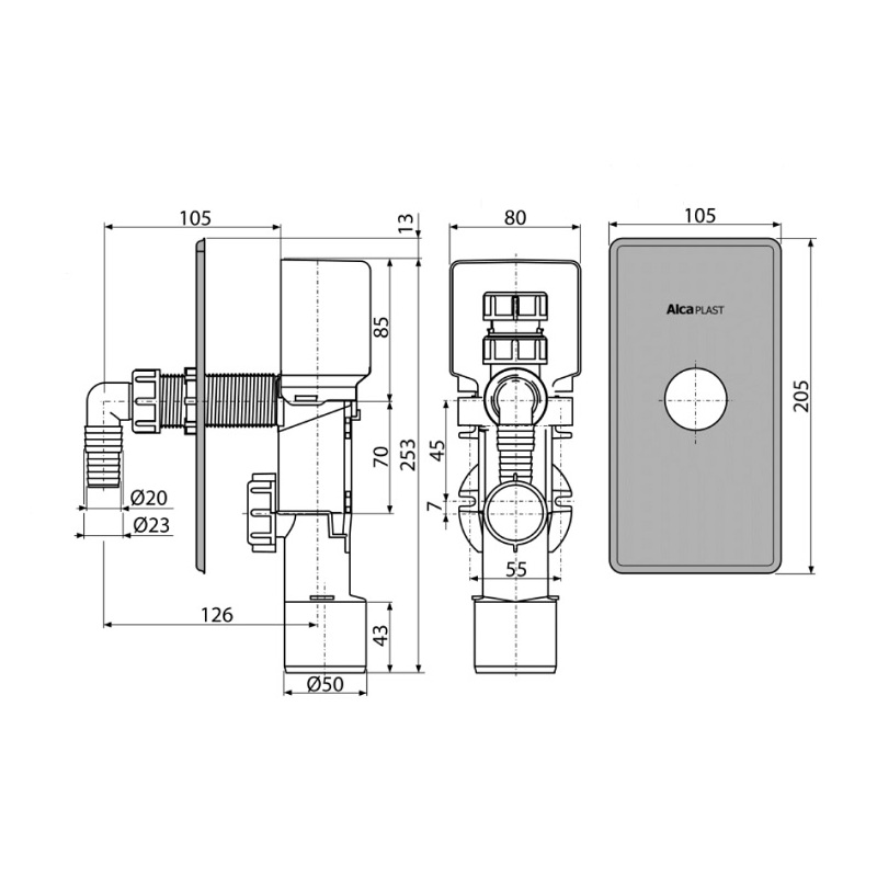 Pračkový sifon APS3P, odpad 40/50 mm, podomítkový, s přivzdušnením, bílý-nerez, Alcadrain APS3P