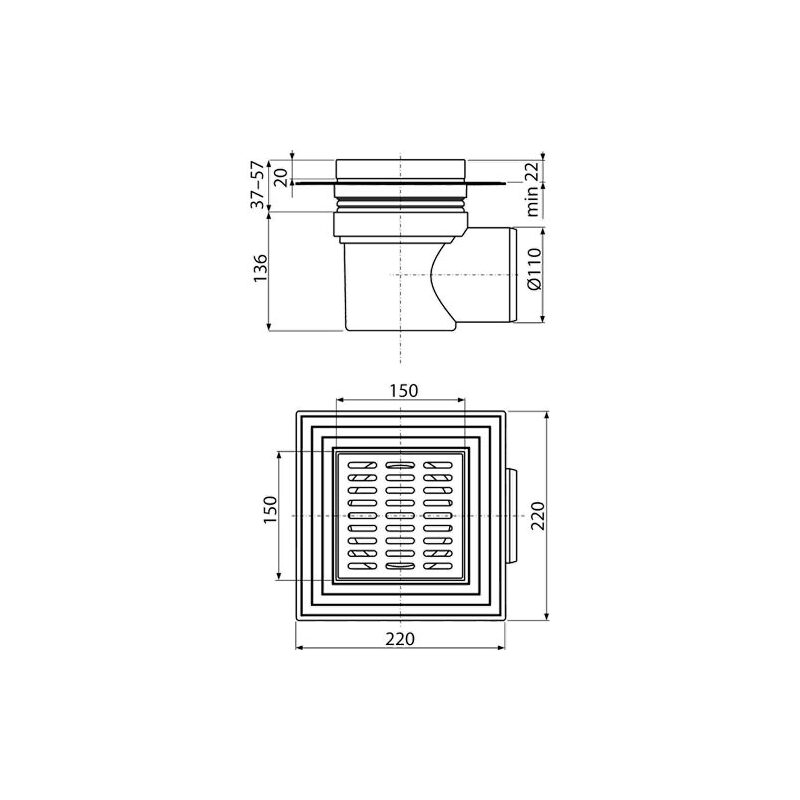 Podlahová vpusť 150 x 150 mm, mřížka nerez, boční odtok d 110 mm, Alcadrain APV12