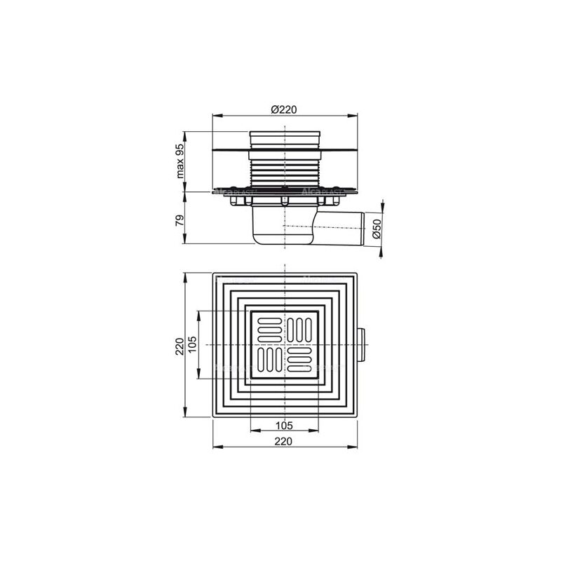 Podlahová vpusť 105 x 105 mm, mřížka nerez, boční odtok d 50 mm, Alcadrain APV1324