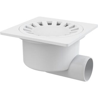 Podlahová vpusť 150 x 150 mm, mřížka bílá, boční odtok d 50 mm, Alcadrain APV15
