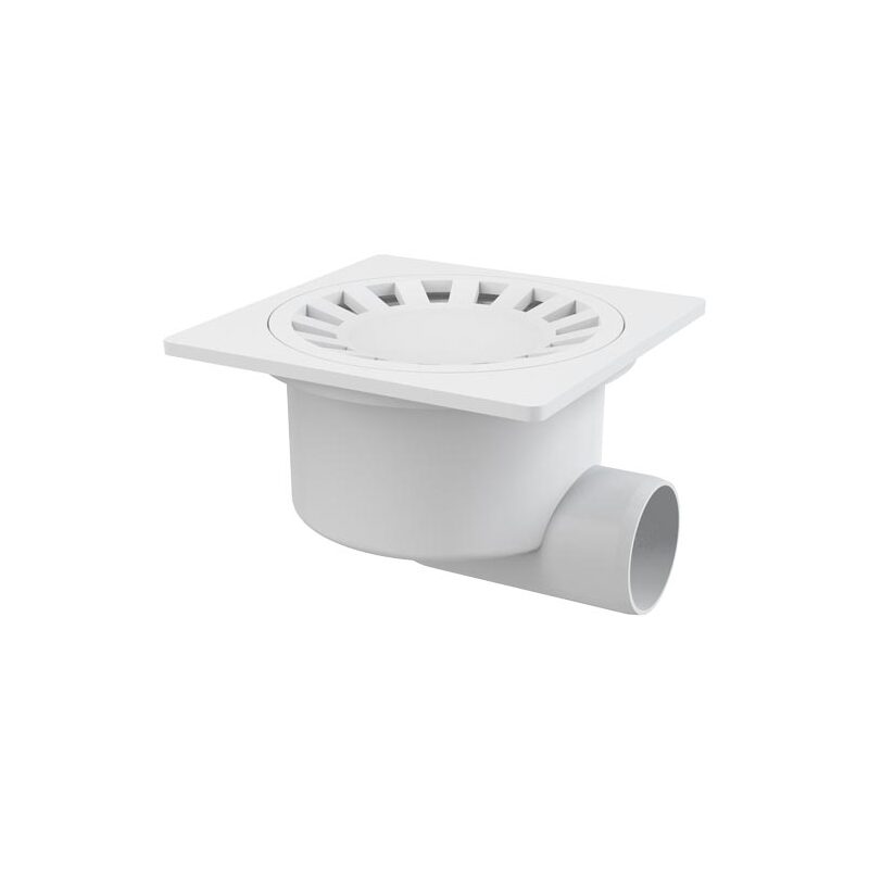 Podlahová vpusť 150 x 150 mm, mřížka bílá, boční odtok d 50 mm, Alcadrain APV15
