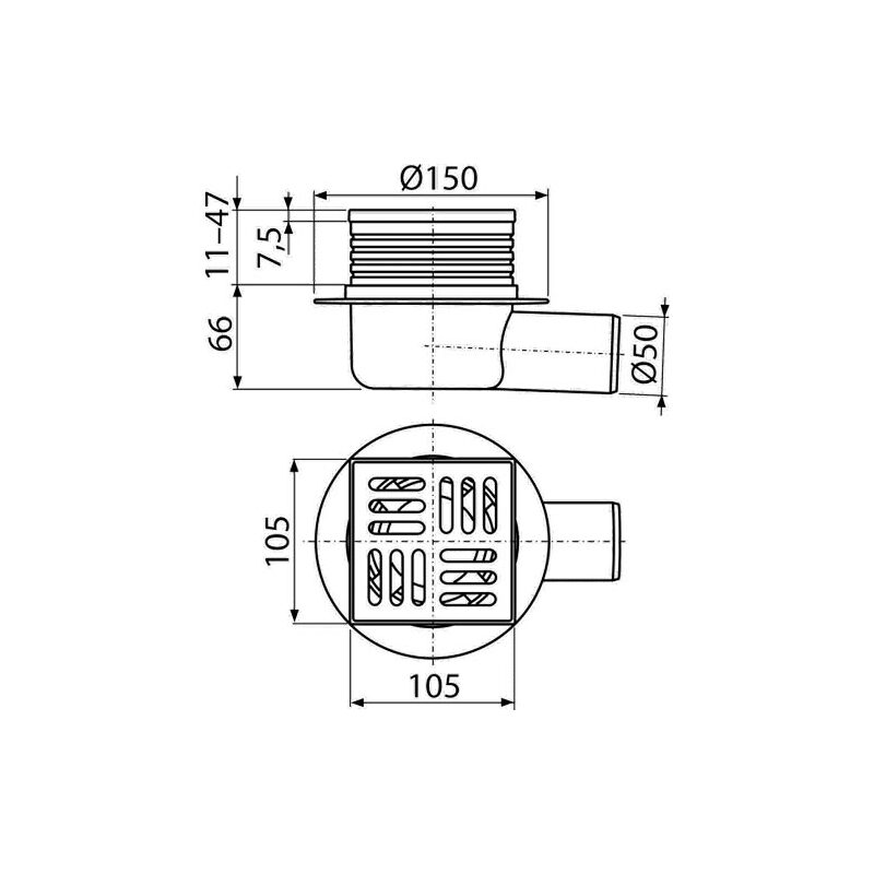 Podlahová vpusť 105 x 105 mm, mřížka nerez, boční odtok d 50 mm, Alcadrain APV26