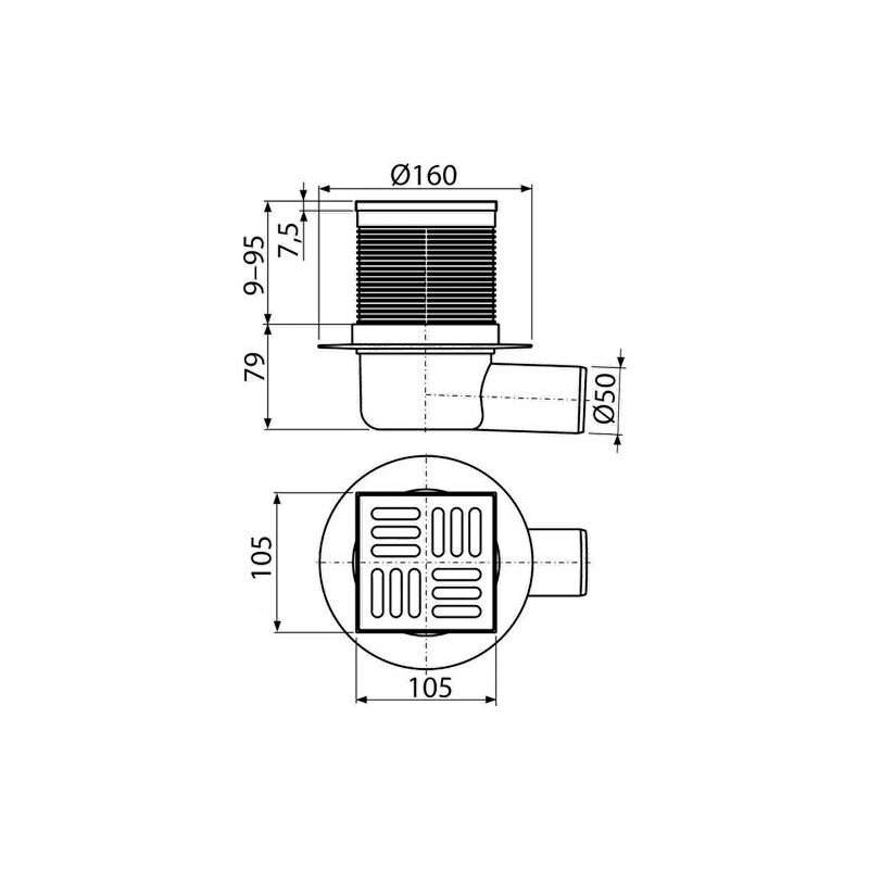 Podlahová vpusť 105 x 105 mm, mřížka nerez, boční odtok d 50 mm, Alcadrain APV31