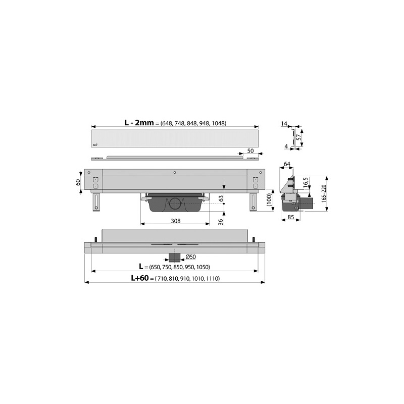 Sprchový odtokový žlab APZ5 SHADE 850 mm, Alcadrain