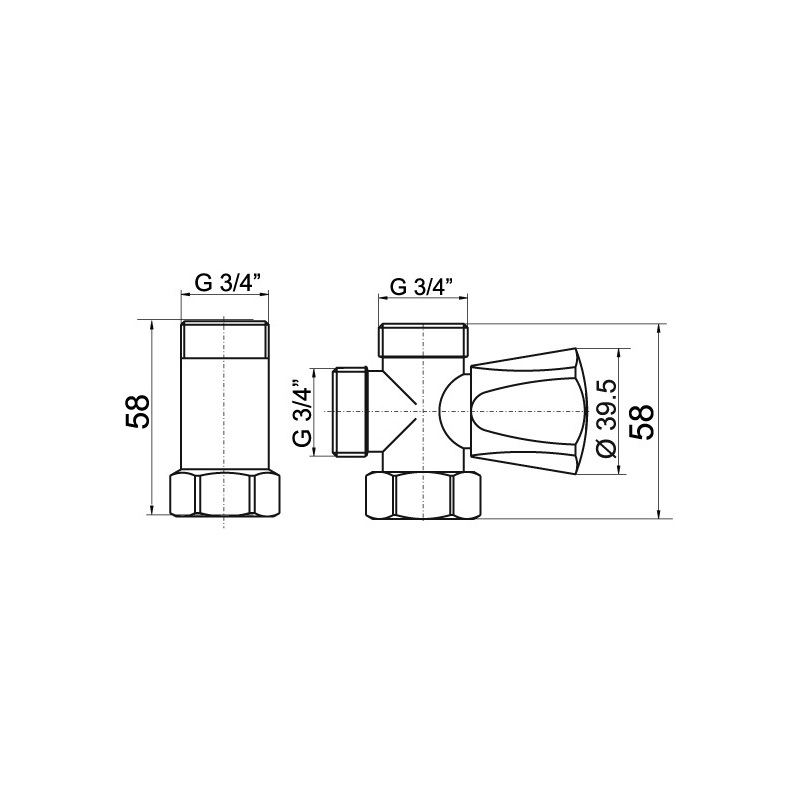 Ventil rohový pračkový 3/4 x 3/4 x 3/4 s mezikusem, Novaservis Z250 (CF3019)