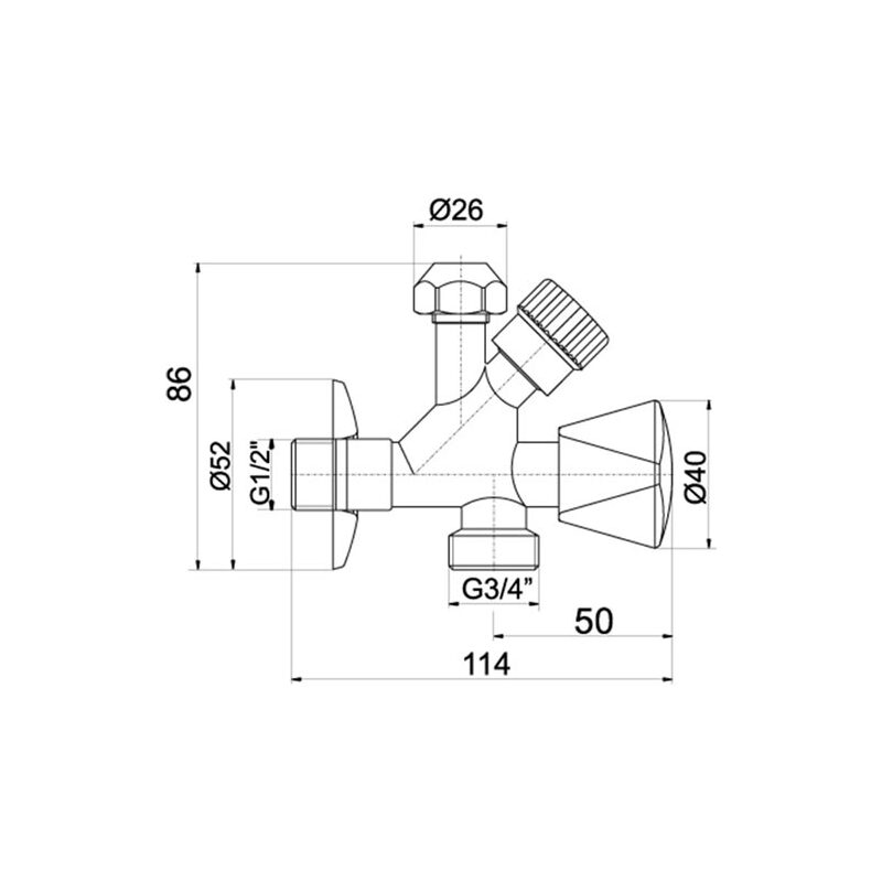 Ventil rohový kombinovaný 1/2 x 3/8 x 3/4, pro pračku se zpětnou klapkou, Novaservis CF5104