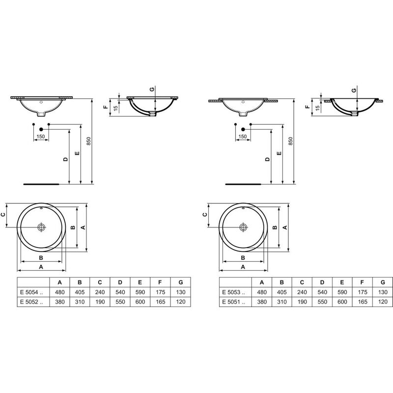 Umyvadlo zápustné Connect 48 cm, bez otvoru, bílé, do desky, s přepadem, Ideal Standard, E505401