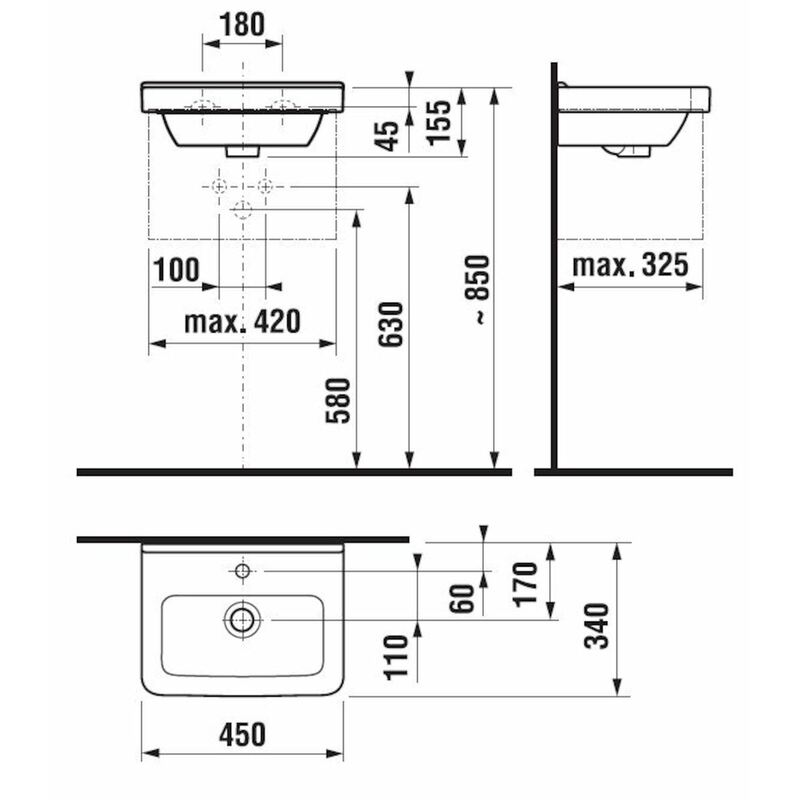Umývátko Cubito 45x34 cm, s otvorem bílé, bílé, na stěnu, s přepadem, JIKA, H8114220001041