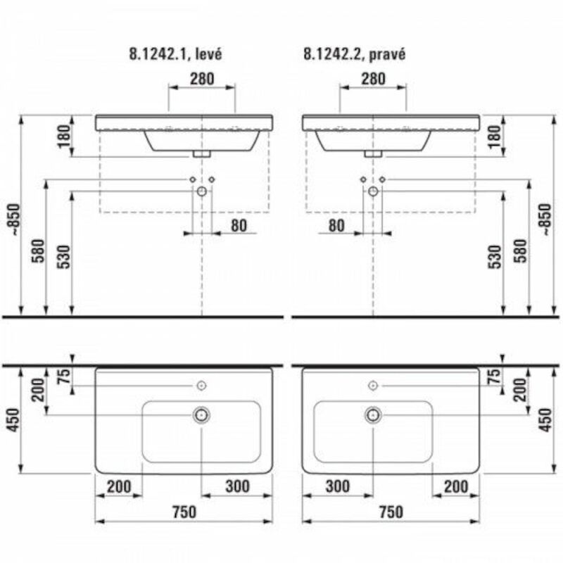 Umyvadlo Cubito 75x45 cm, s otvorem, bílé, na stěnu, s přepadem, JIKA, H8124220001041